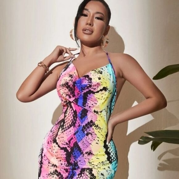 MULTICOLOR SNAKESKIN PRINT BODYCON SEXY DRESS - Picture 1 of 8